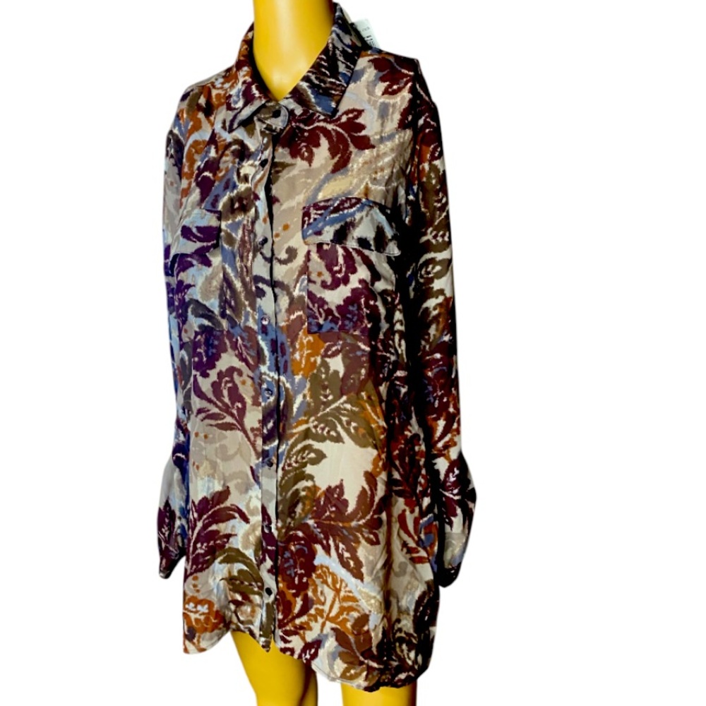 Bobau Mauve Paisley Sheer Button-Up Blouse Nordstrom Size L